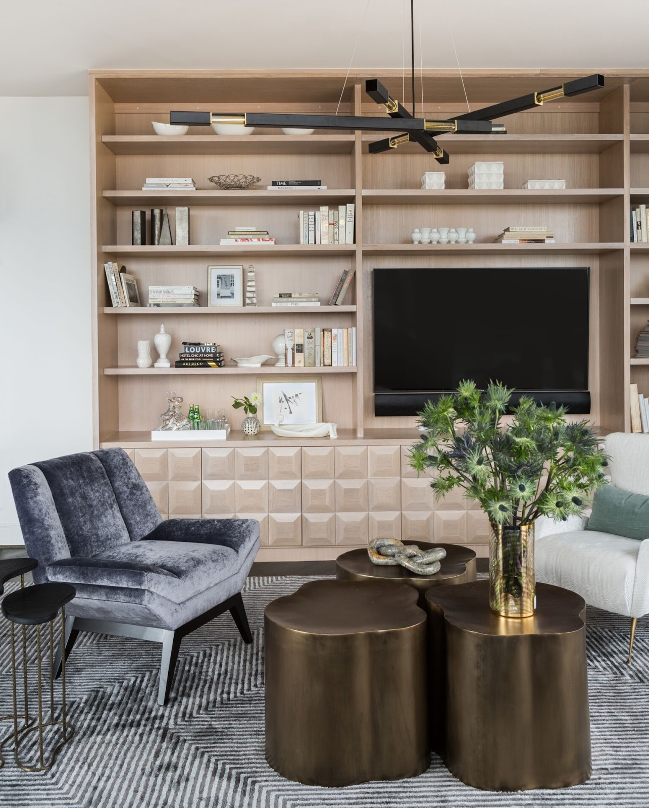 City Living - Living Room Contemporary with custom builtins and metallic nesting tables - Laura U Interior Design