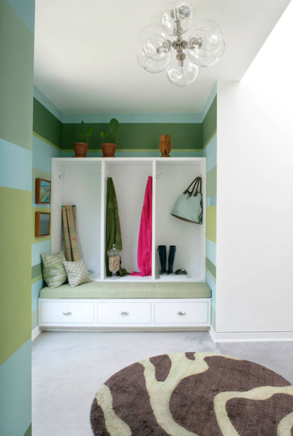 Vibrant green striped mudroom by Dufner Heighes Inc.