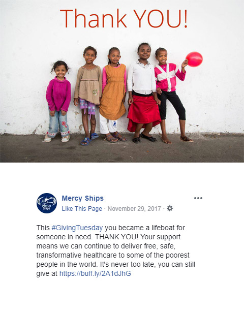 Mercy Ships follow up Giving Tuesday social post thanking donors and encouraging future support