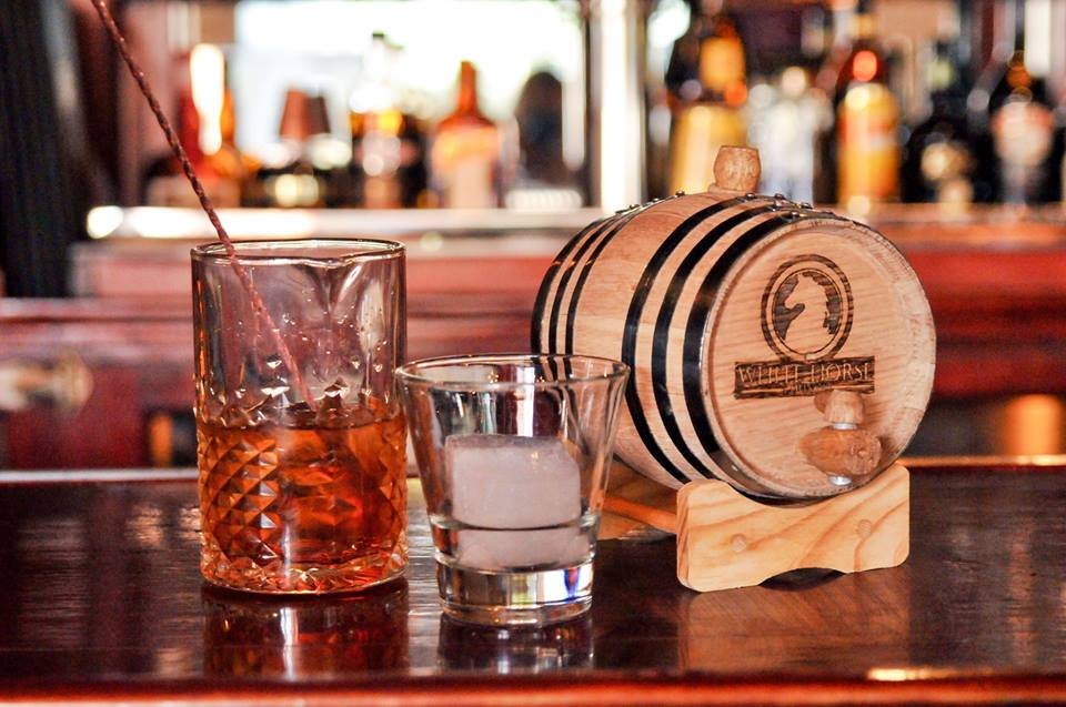 Whtie Horse Lounge's mixed drink and barrel.